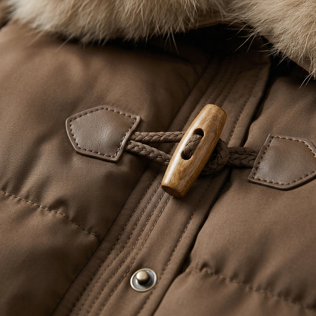 Brown puffer jacket close-up: faux fur collar, toggle closure, snap flap pocket.