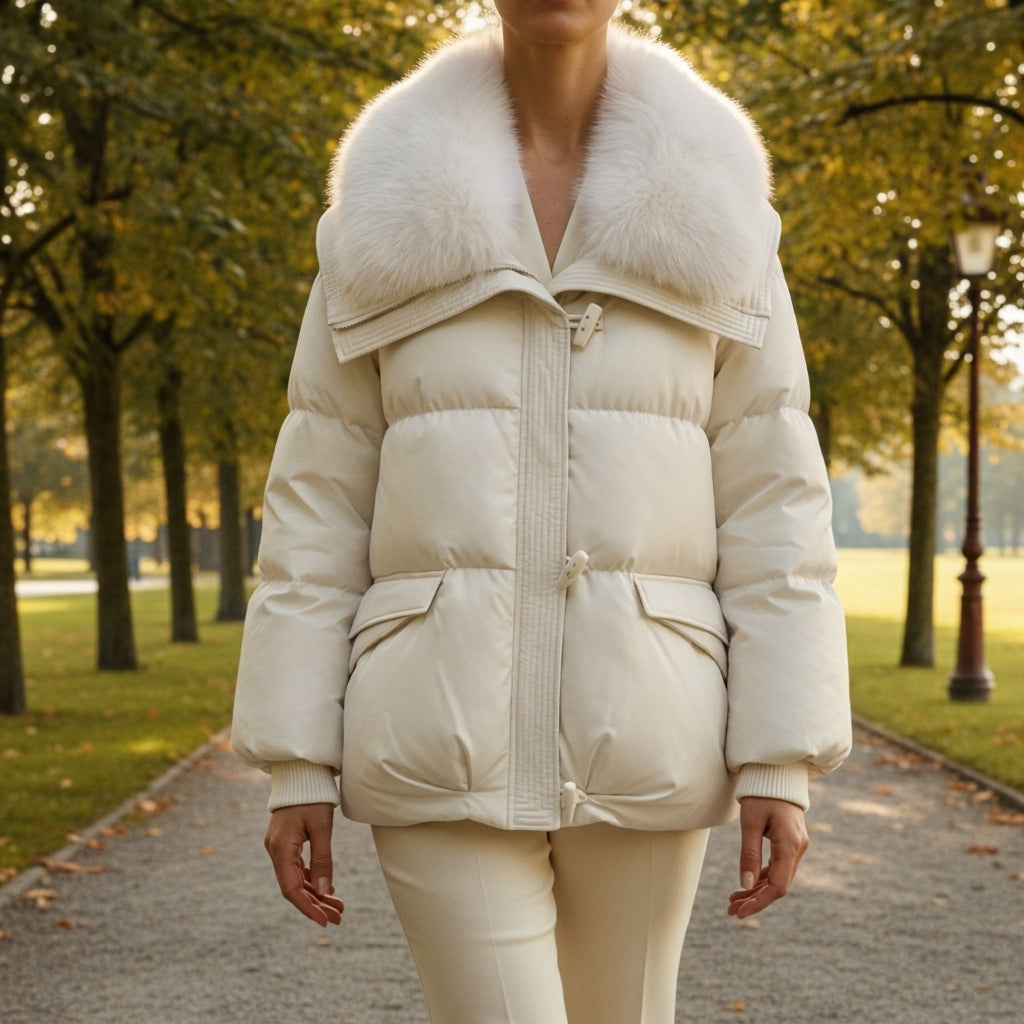 White puffer jacket with faux fur collar, zip front, and ribbed cuffs.
