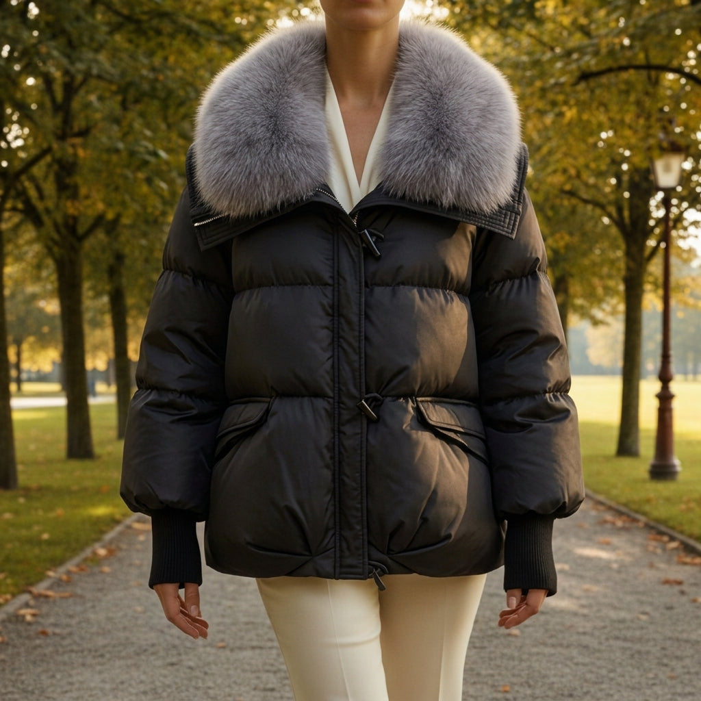 Black puffer jacket with faux fur collar, zip front, and flap pockets.