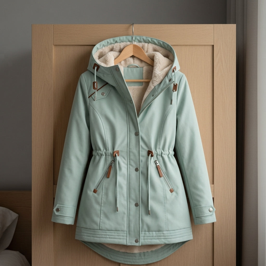 Light green lined-hood parka with front zipper, snap buttons, and drawstring waist