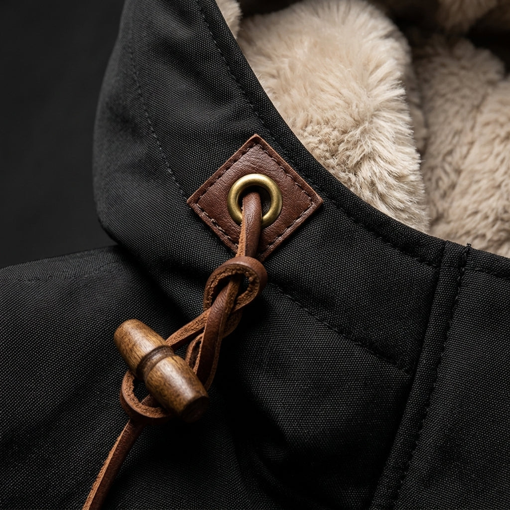 Black lined-hood parka close-up of toggle drawstring and faux-fur hood lining