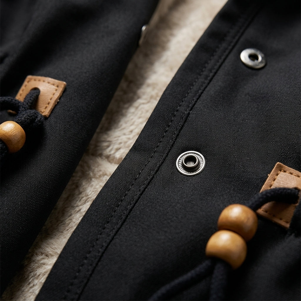 Black lined-hood parka jacket detail with snap buttons and leather toggles