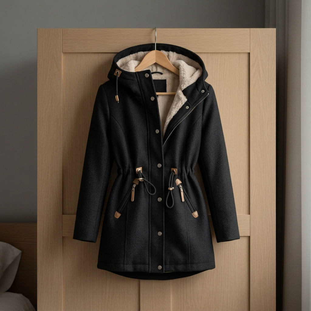 Black lined-hood parka with faux-fur hood lining, snap buttons, and pocket flaps