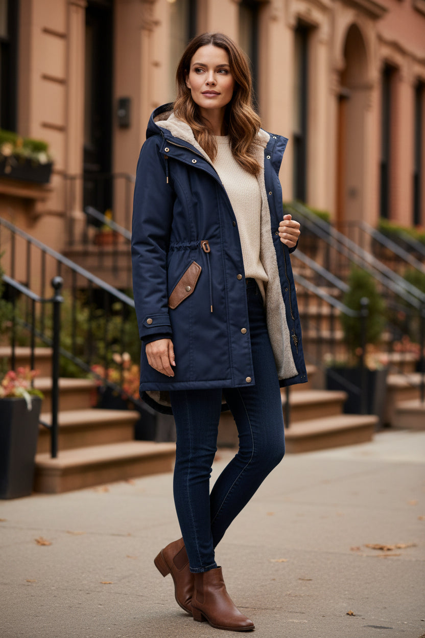 Blue lined-hood parka with snap front, drawstring waist, and faux-fur hood lining