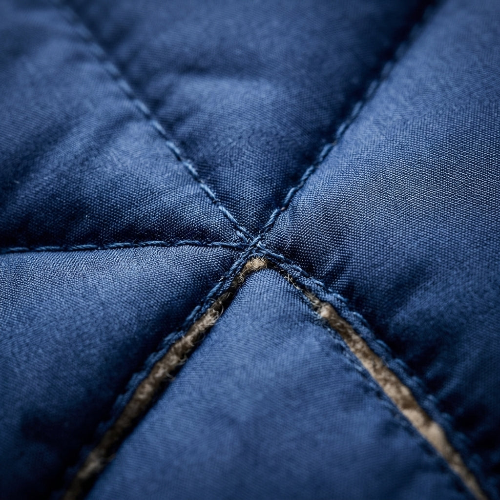 Quilted hooded coat fabric close-up with dark blue stitching and cross-quilt panels