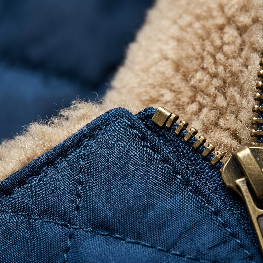 Quilted coat hood zipper detail in dark blue with tan fleece lining