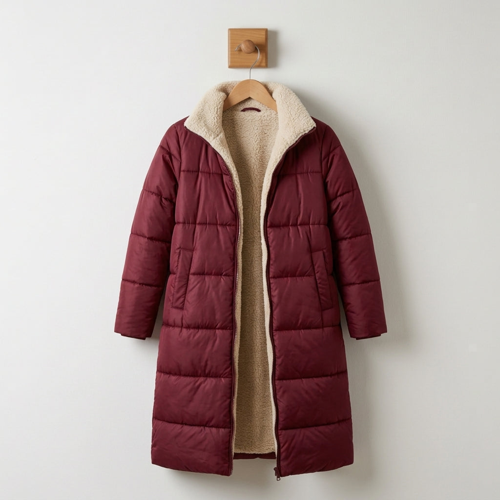 Burgundy quilted hooded coat with tan sherpa lining and center front zipper