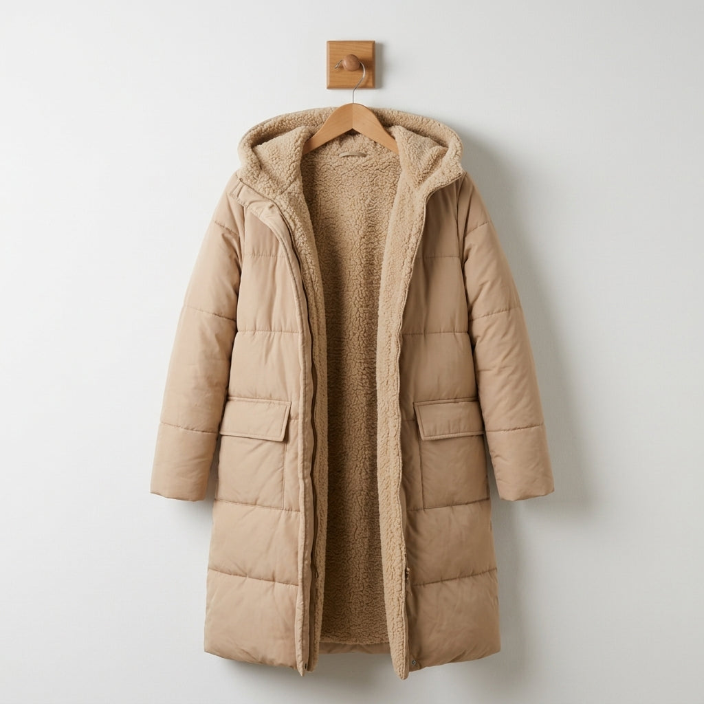 Beige quilted hooded coat with tan sherpa lining and front pockets