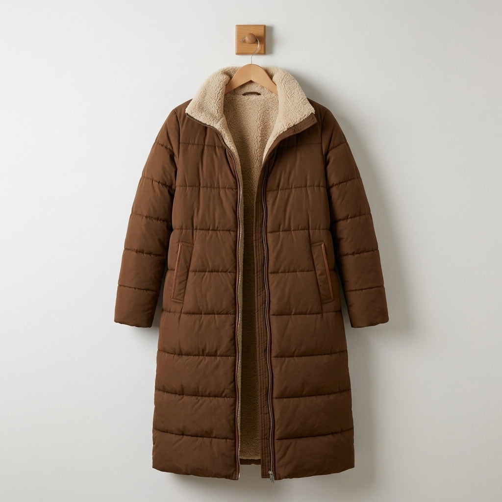 Brown quilted hooded coat with tan sherpa lining and front zipper