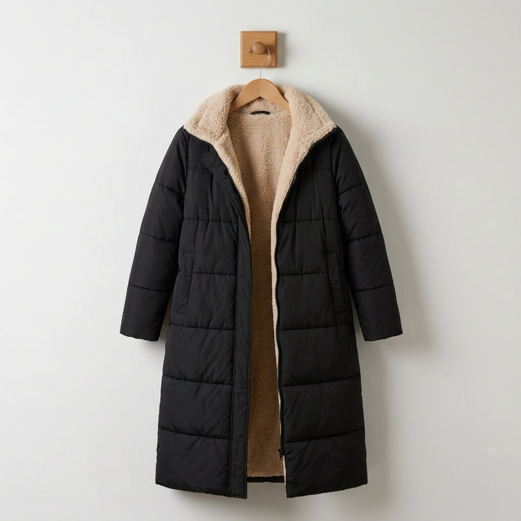 Black quilted hooded coat with tan sherpa lining and center front zipper