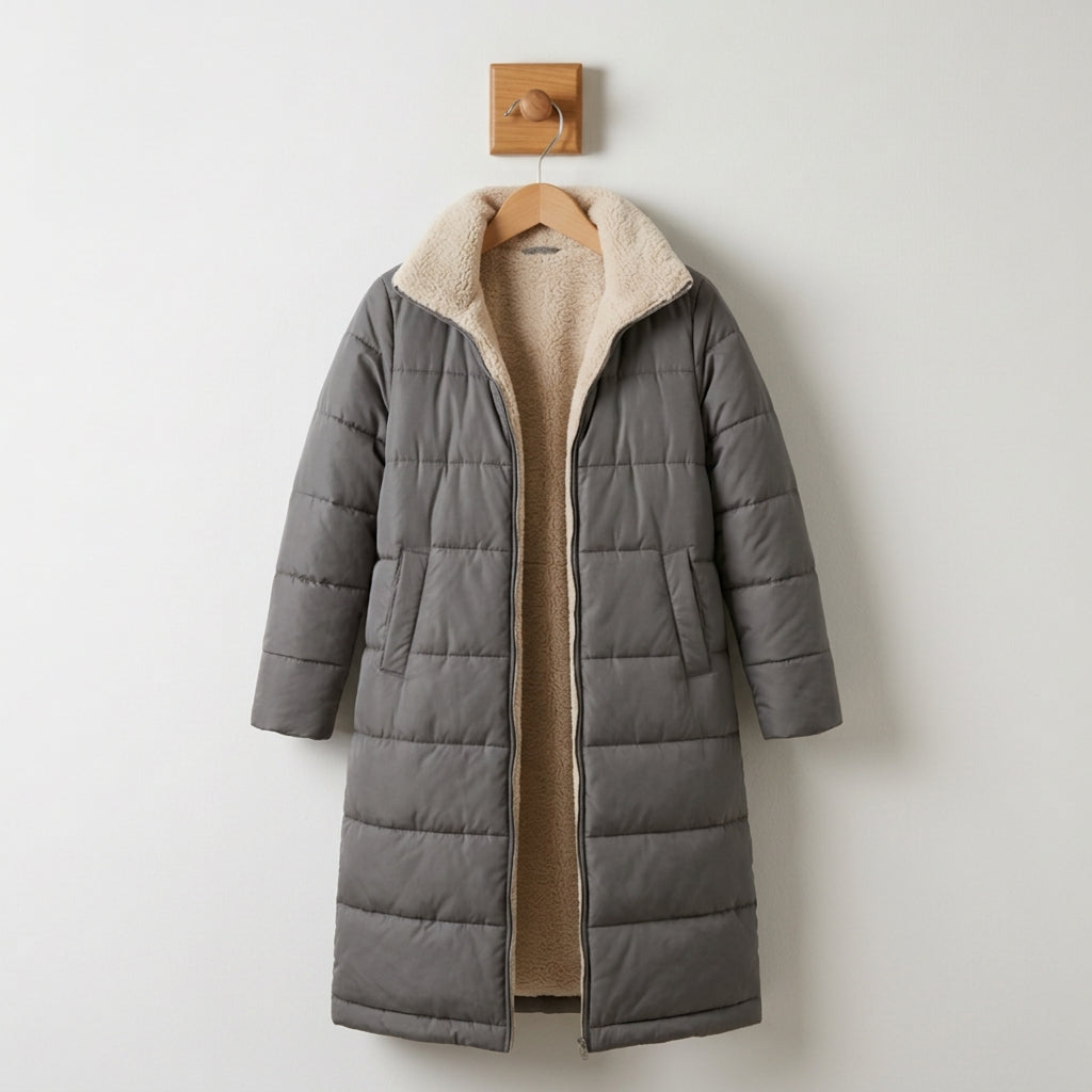 Grey quilted hooded coat with tan sherpa lining and front pockets