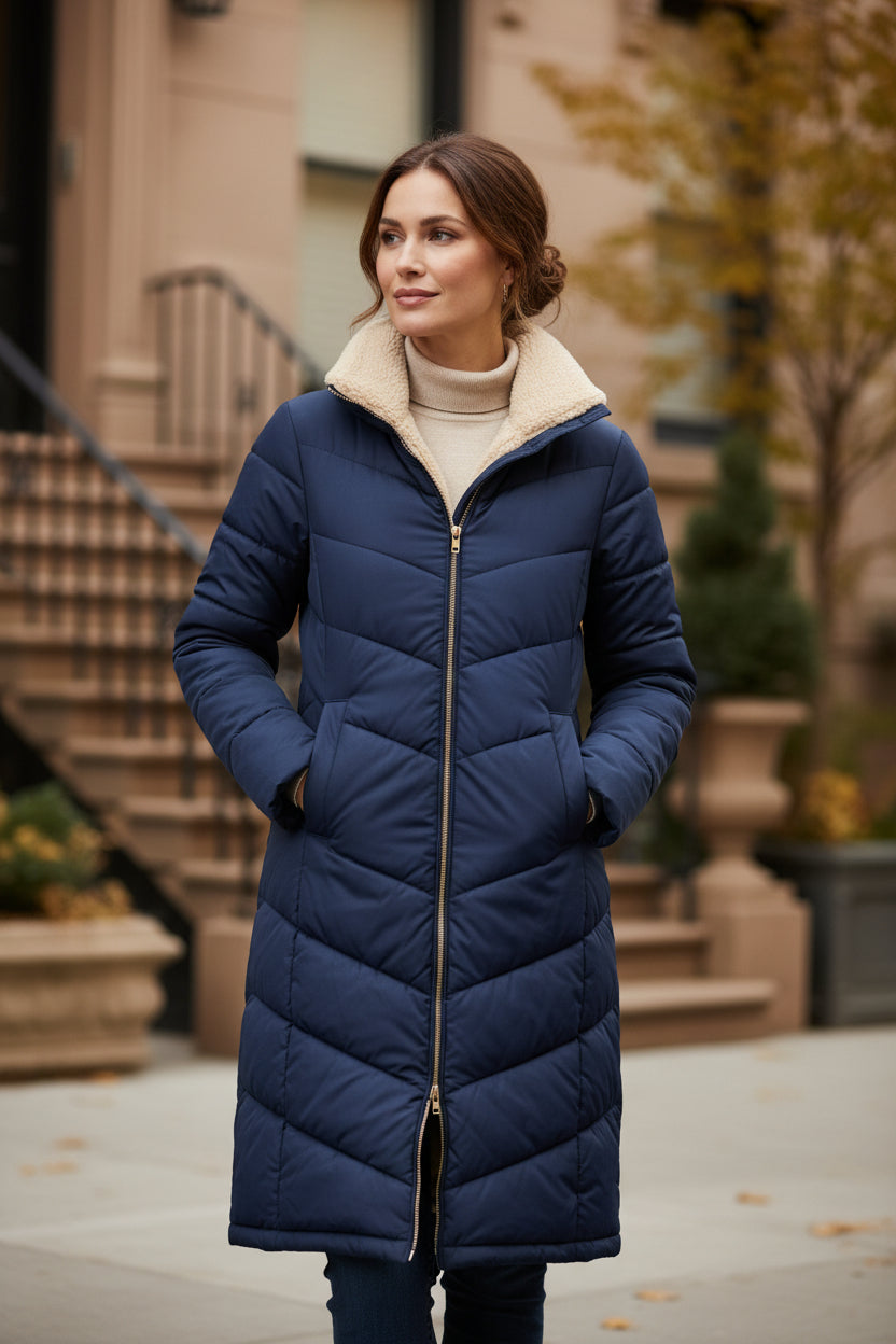 Navy quilted hooded coat with tan sherpa lining and long sleeves