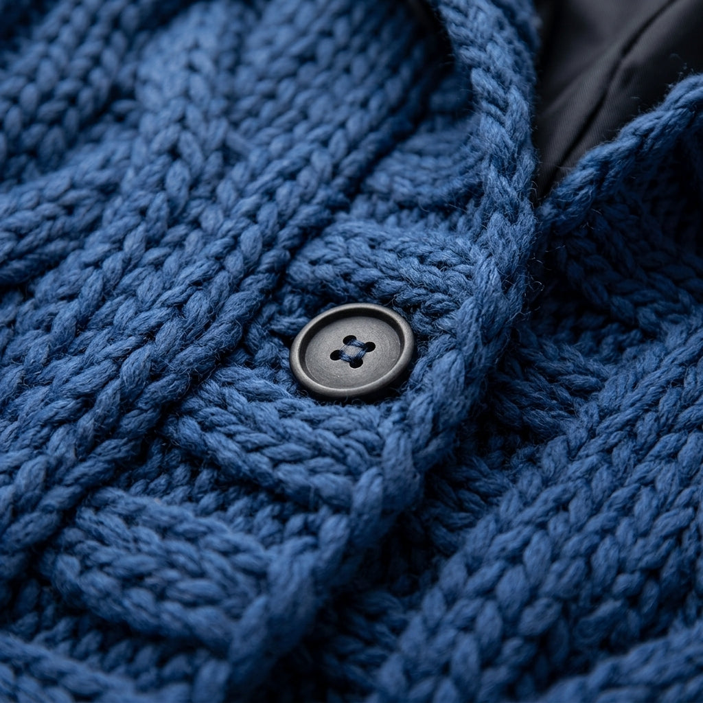 Blue knit coat collar area with hood seam and round button detail