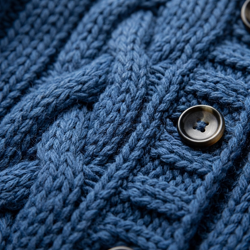 Blue knit coat front with cable texture and black button