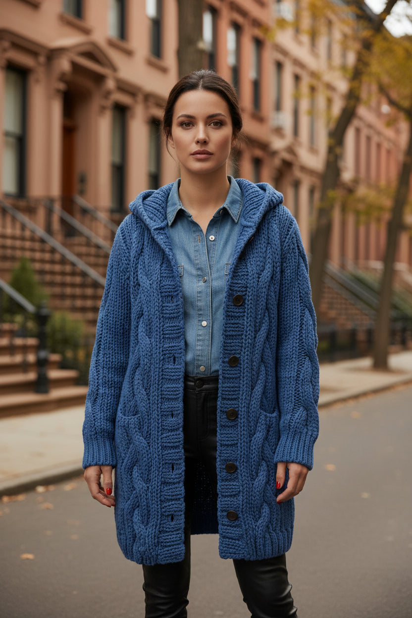 Blue cable-knit coat with hood and button-front closure