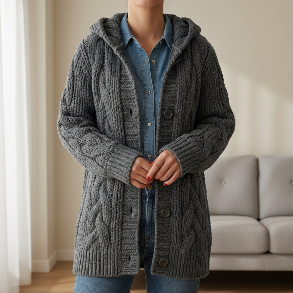 Dark gray cable-knit coat with hood and button-front closure
