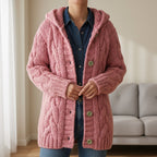Pink cable-knit coat with hood and button-front closure