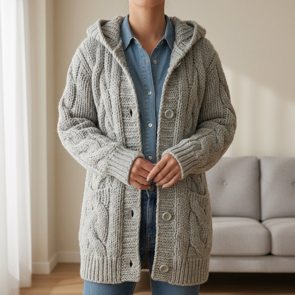 Light gray cable-knit coat with hood and button-front closure