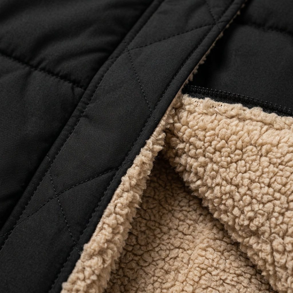 Quilted hooded coat with black outer and beige sherpa lining detail