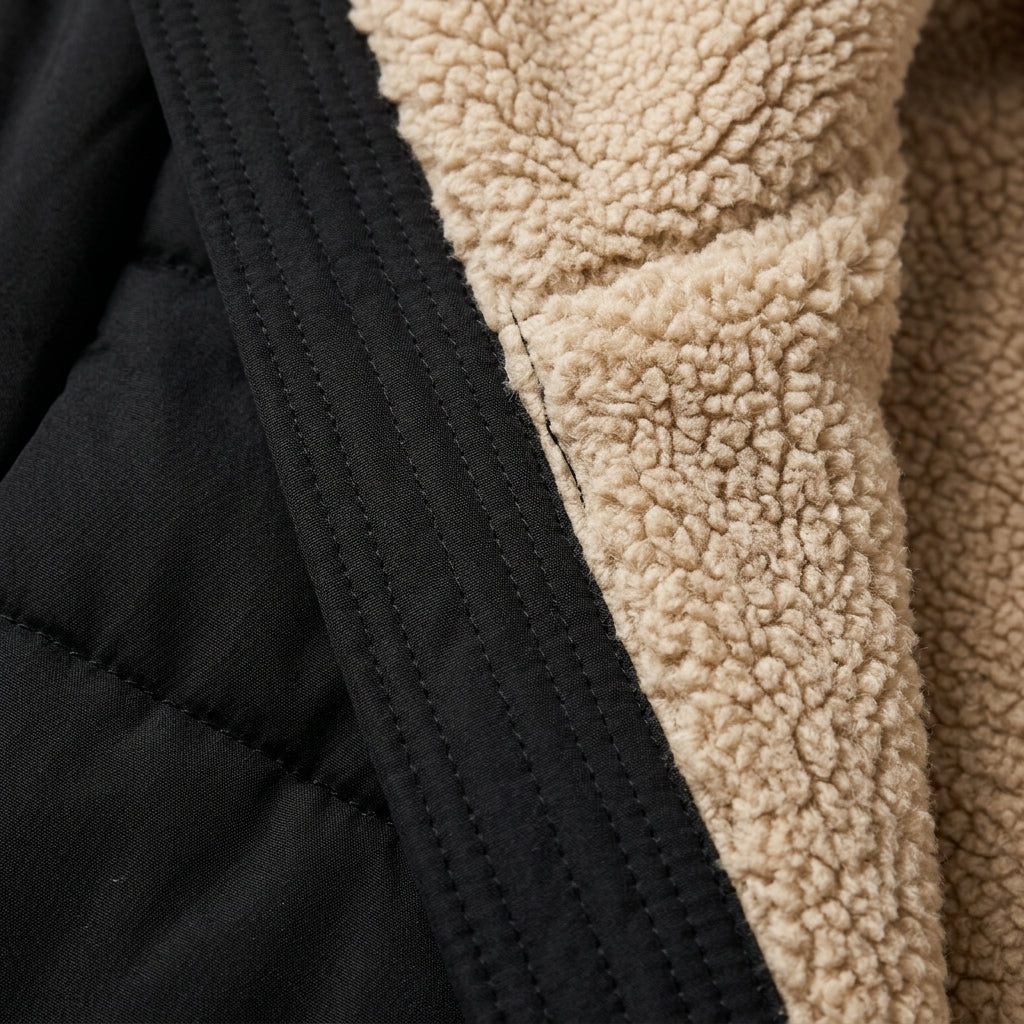 Quilted hooded coat sleeve with black stitching and beige sherpa lining