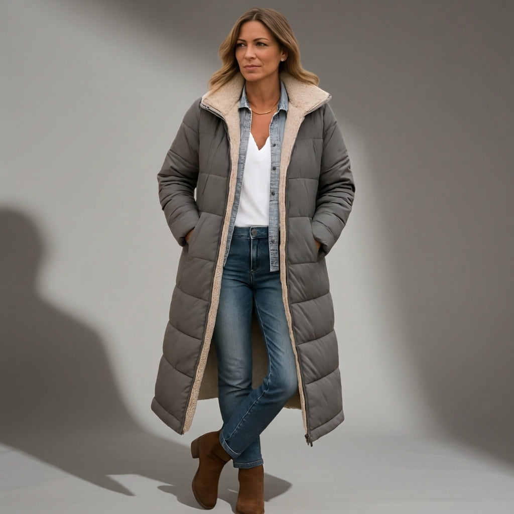Quilted hooded coat in gray with sherpa-lined hood and mid-calf length