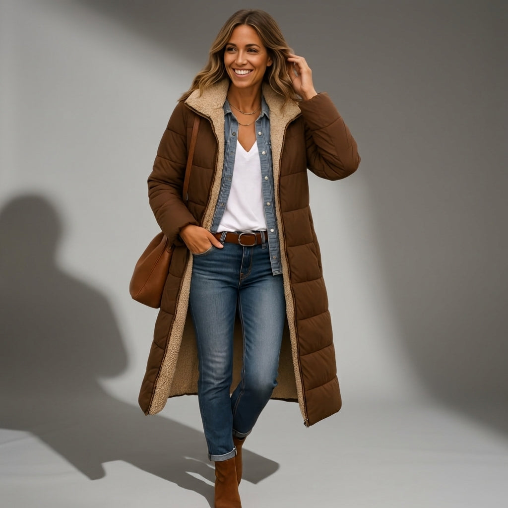 Quilted hooded coat in brown with sherpa-lined hood and open front