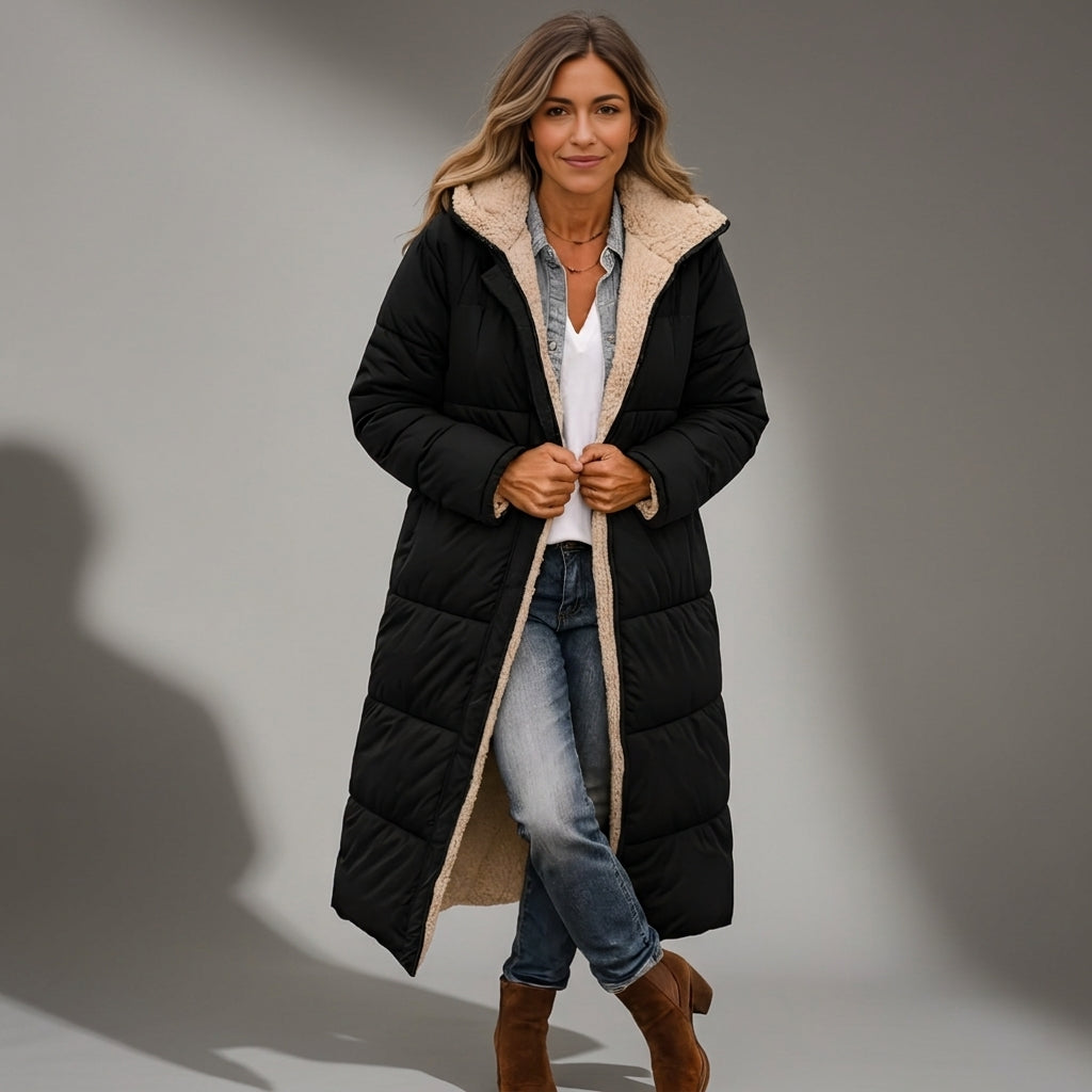 Quilted hooded coat in black with beige sherpa-lined hood and long sleeves