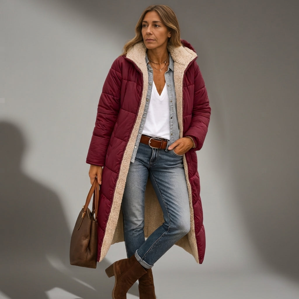 Quilted hooded coat in red with sherpa-lined hood and long sleeves