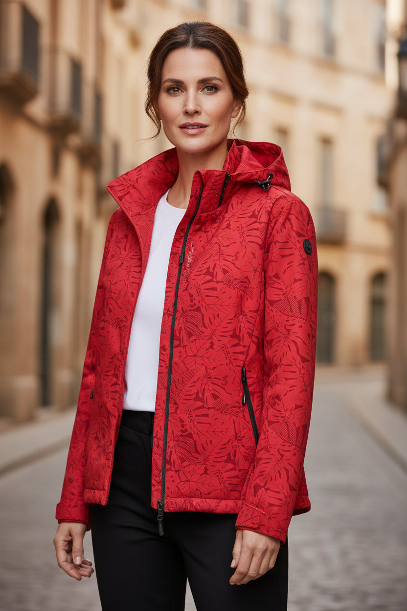 Red lightweight zip-up jacket with hood, tropical leaf print, adjustable hem cuffs