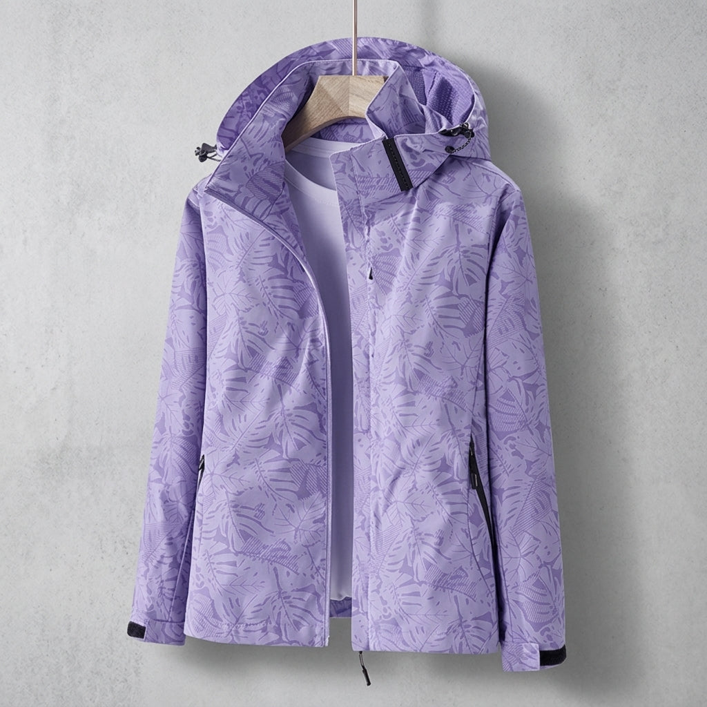 Purple lightweight zip-up jacket with hood, all-over leaf print, full-length front zip