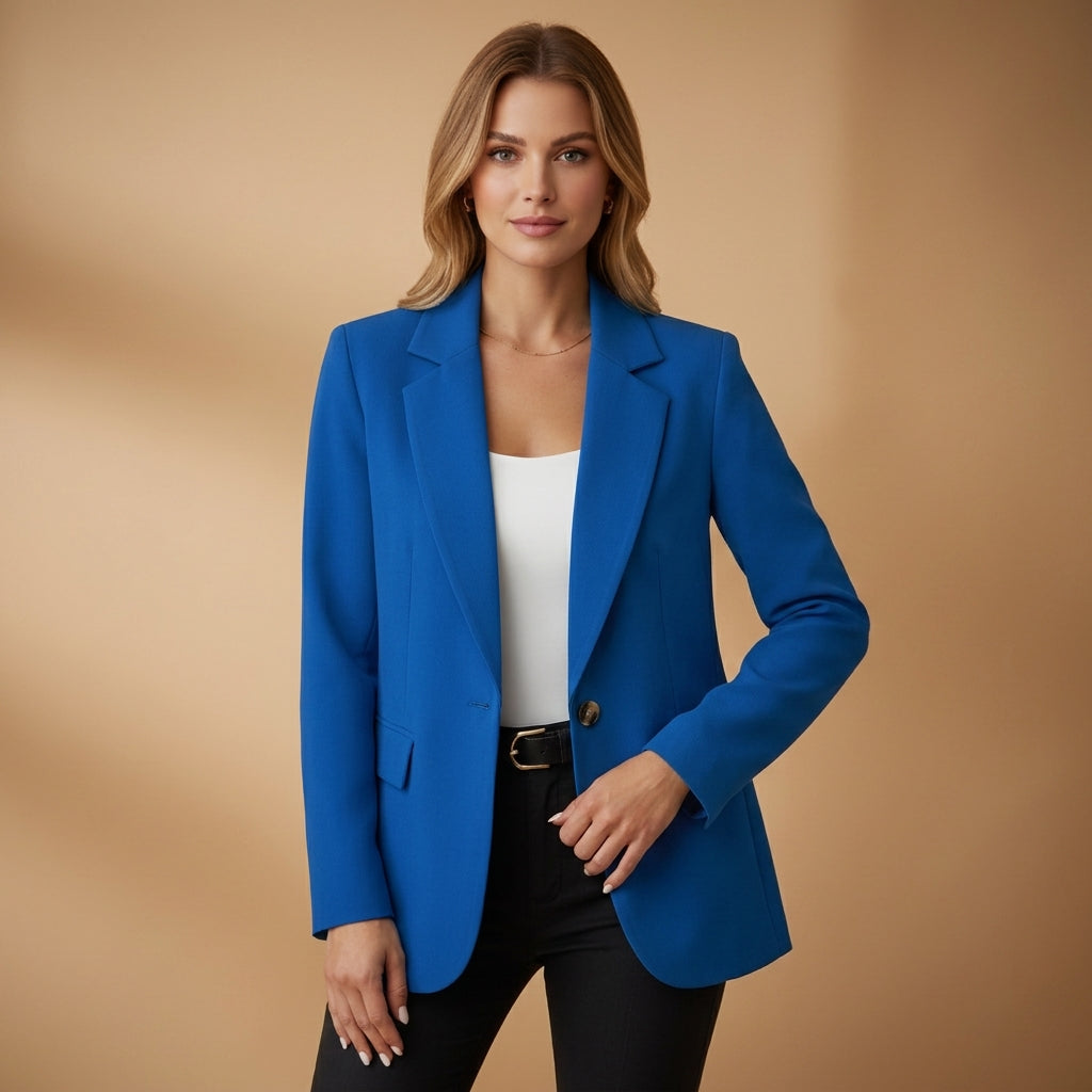 Women’s blue blazer with notched lapel, long sleeves, flap pockets, tailored fit