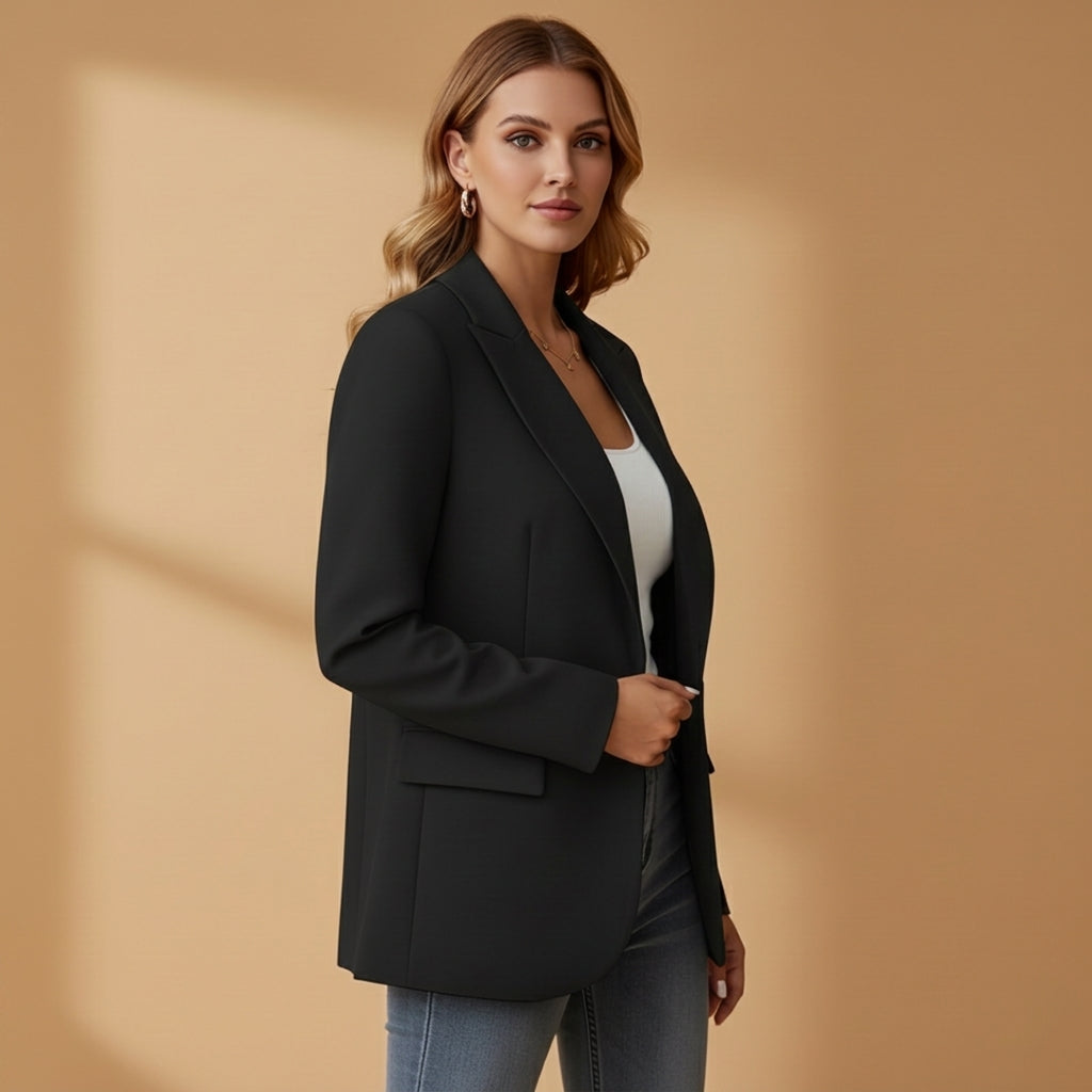 Women’s black blazer with notched lapel, long sleeves, front flap pockets