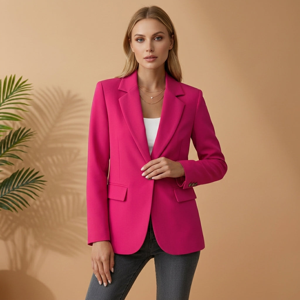 Women’s pink blazer with notched lapel, long sleeves, flap pockets, tailored fit