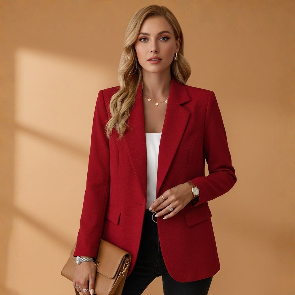 Women’s red blazer with notched lapel, long sleeves, flap pockets, button closure