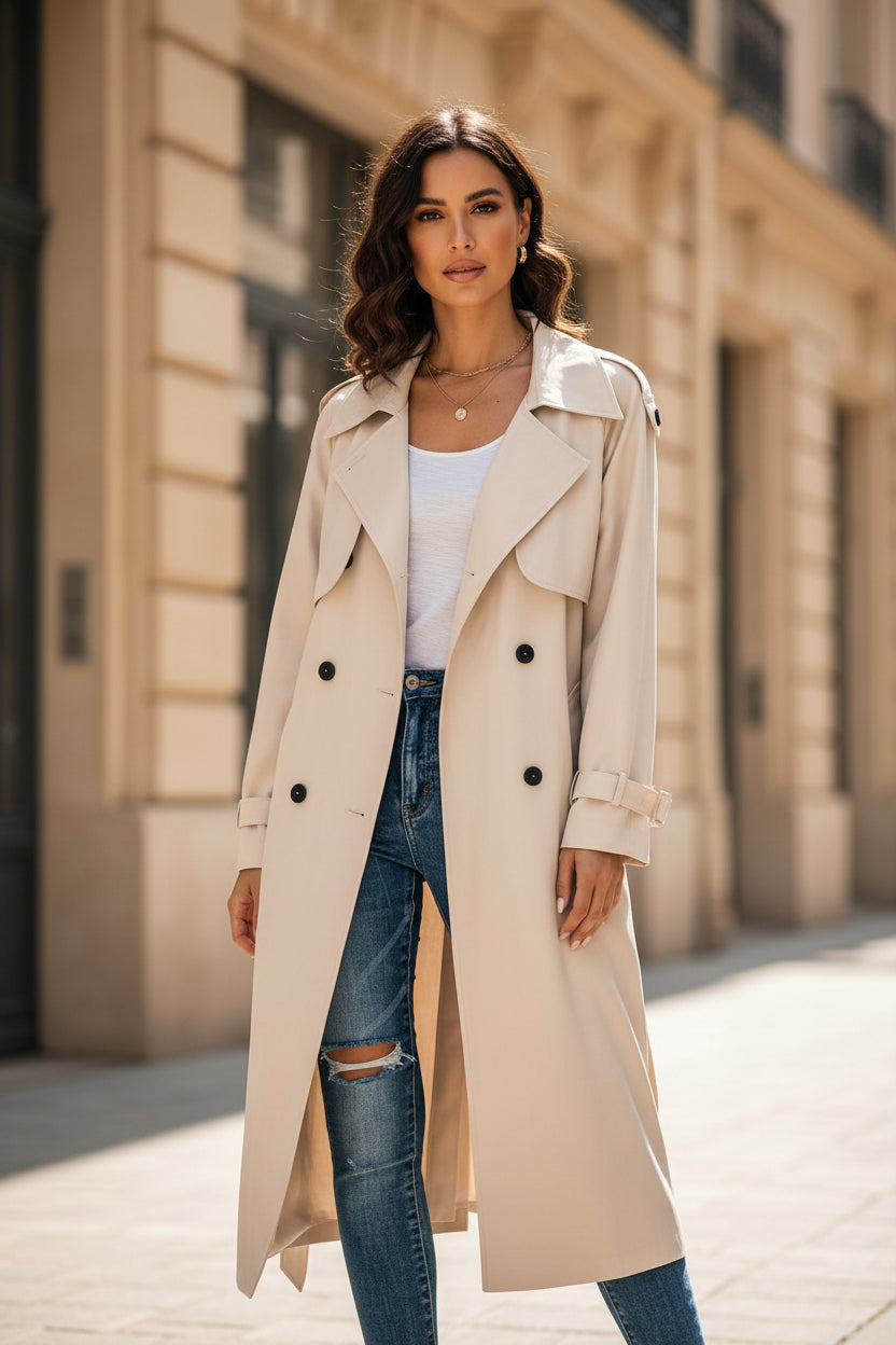 Long white trench coat with double-breasted buttons and notched lapels, long length