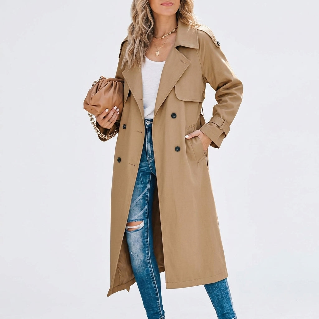 Long camel trench coat with double-breasted buttons and notched lapels, flap pockets