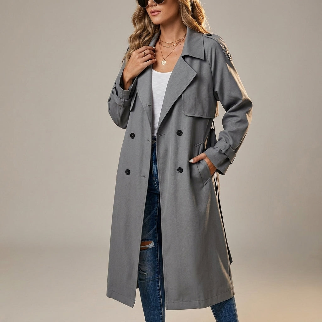Long gray trench coat with double-breasted buttons and notched lapels, flap pockets