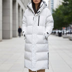 Women's long white hooded quilted puffer parka with front zipper and adjustable hood