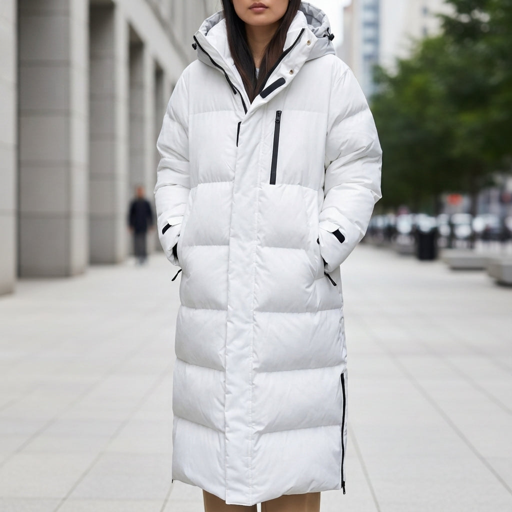 Women's long white hooded quilted puffer parka with front zipper and adjustable hood