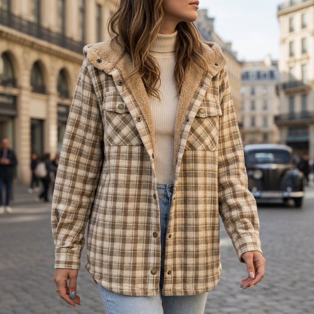 Sandstone plaid hooded jacket with tan sherpa lining, button-front and patch pockets