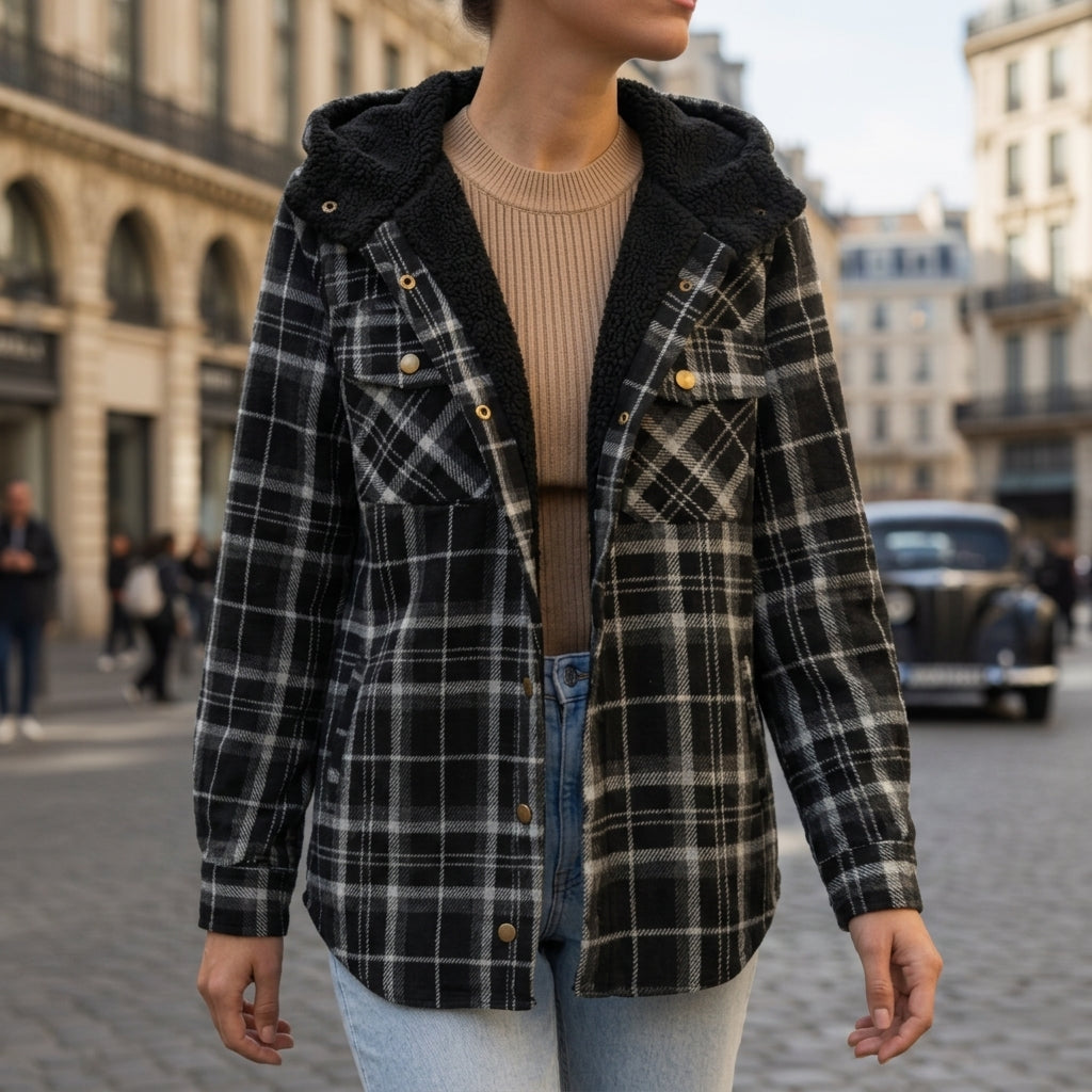 Black plaid hooded jacket with black sherpa lining, button-front and patch pockets