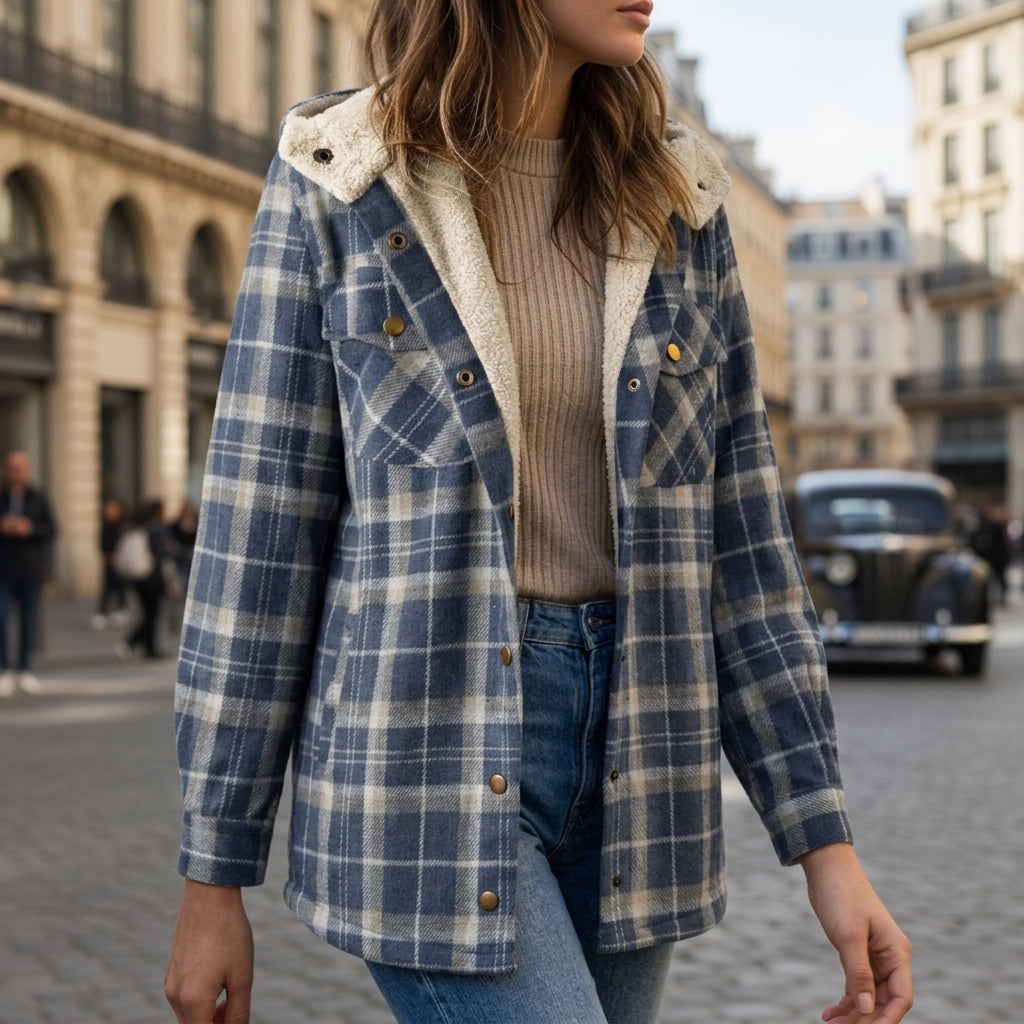 Blue plaid hooded jacket with cream sherpa lining, button-front and patch pockets