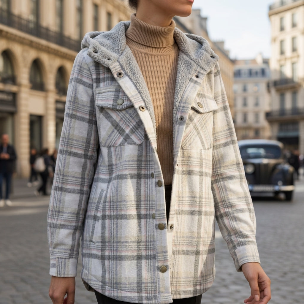 Light plaid hooded jacket with cream sherpa lining, button-front and patch pockets