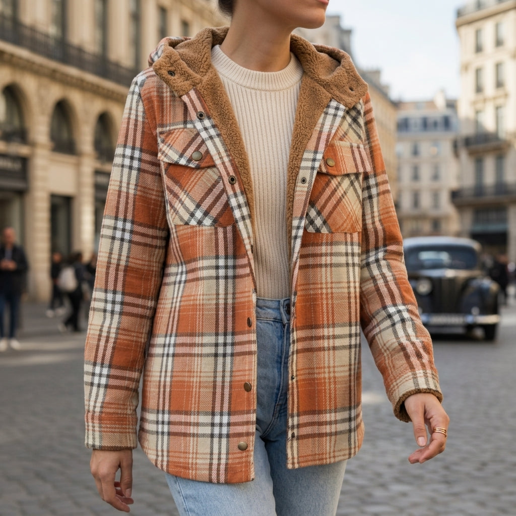 Orange plaid hooded jacket with brown sherpa lining, button-front and patch pockets
