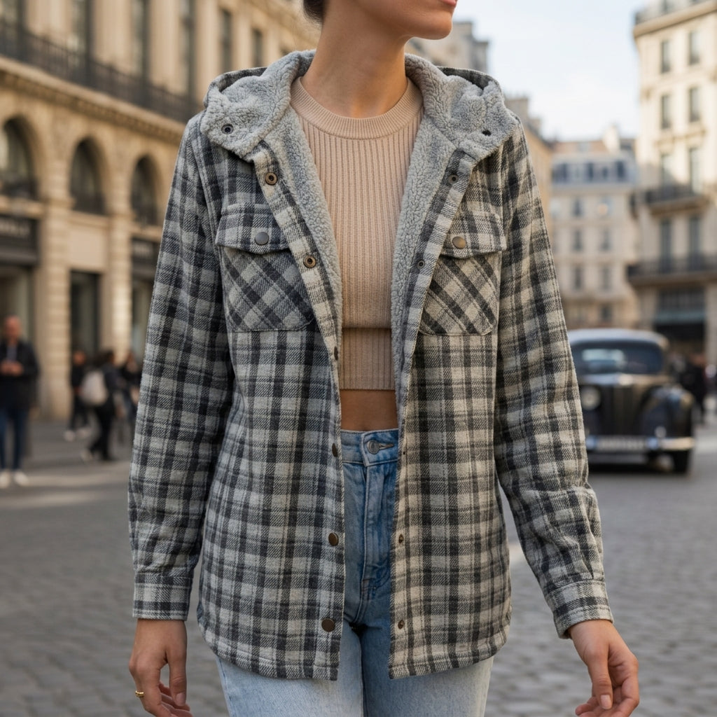 Slate gray plaid hooded jacket with gray sherpa lining, button-front and patch pockets