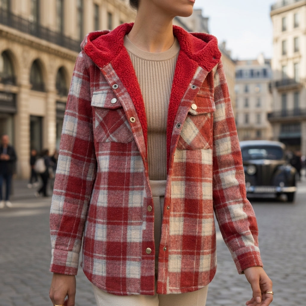 Red plaid hooded jacket with red sherpa lining, button-front and patch pockets