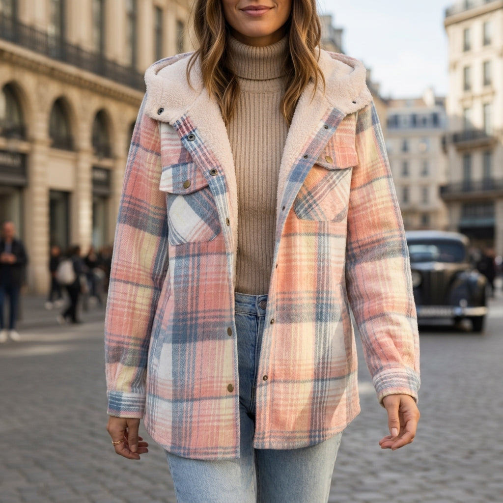 Pastel plaid hooded jacket with cream sherpa lining, button-front and patch pockets
