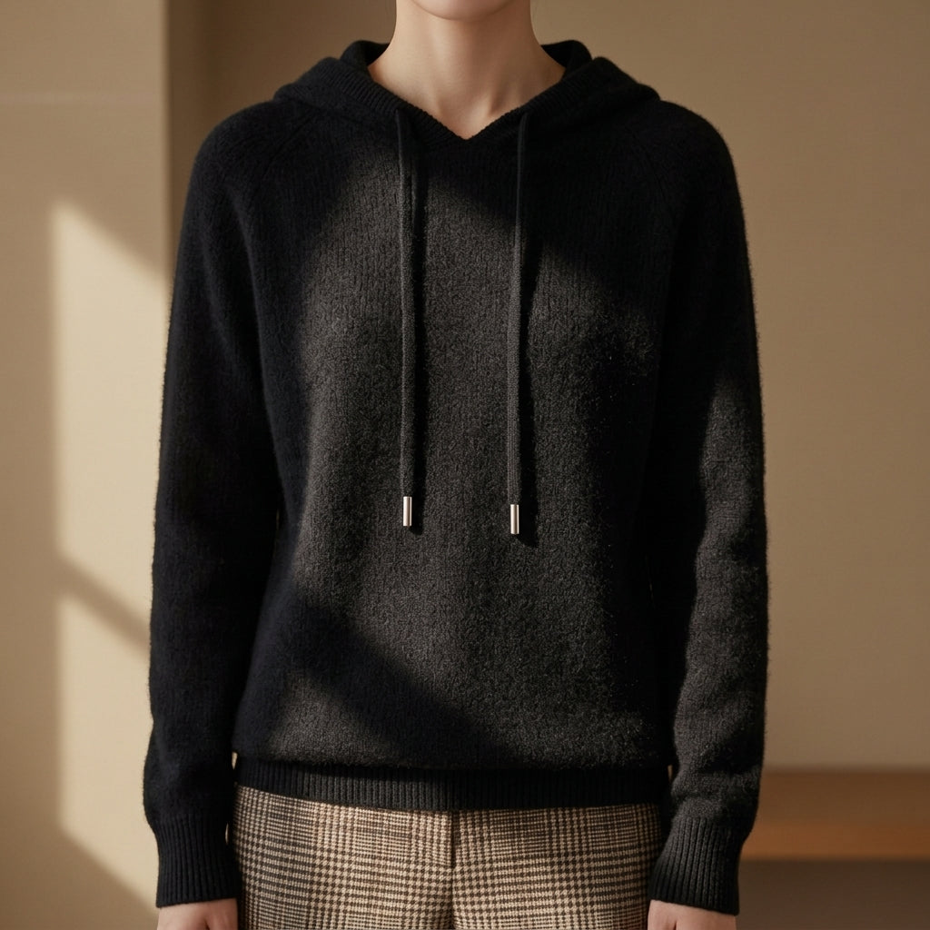 Women's knitted hooded sweater in jet black, drawstring hood, ribbed cuffs and hem
