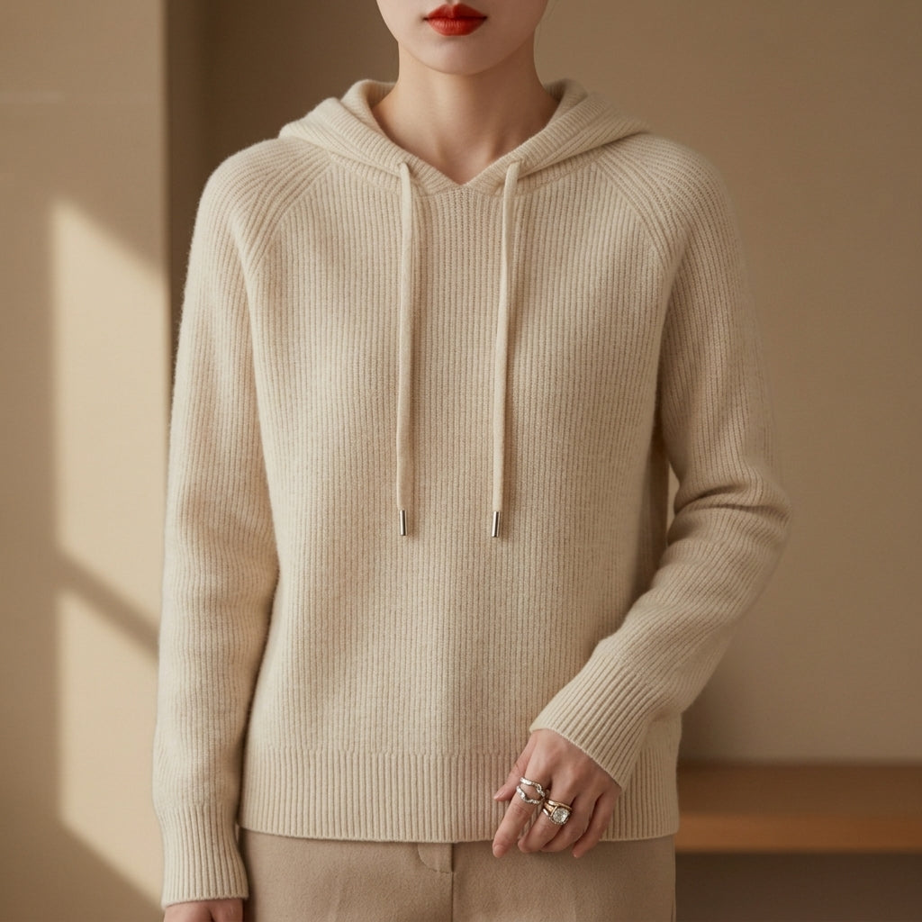 Women's knitted hooded sweater in ivory cream, drawstring hood, ribbed cuffs and hem