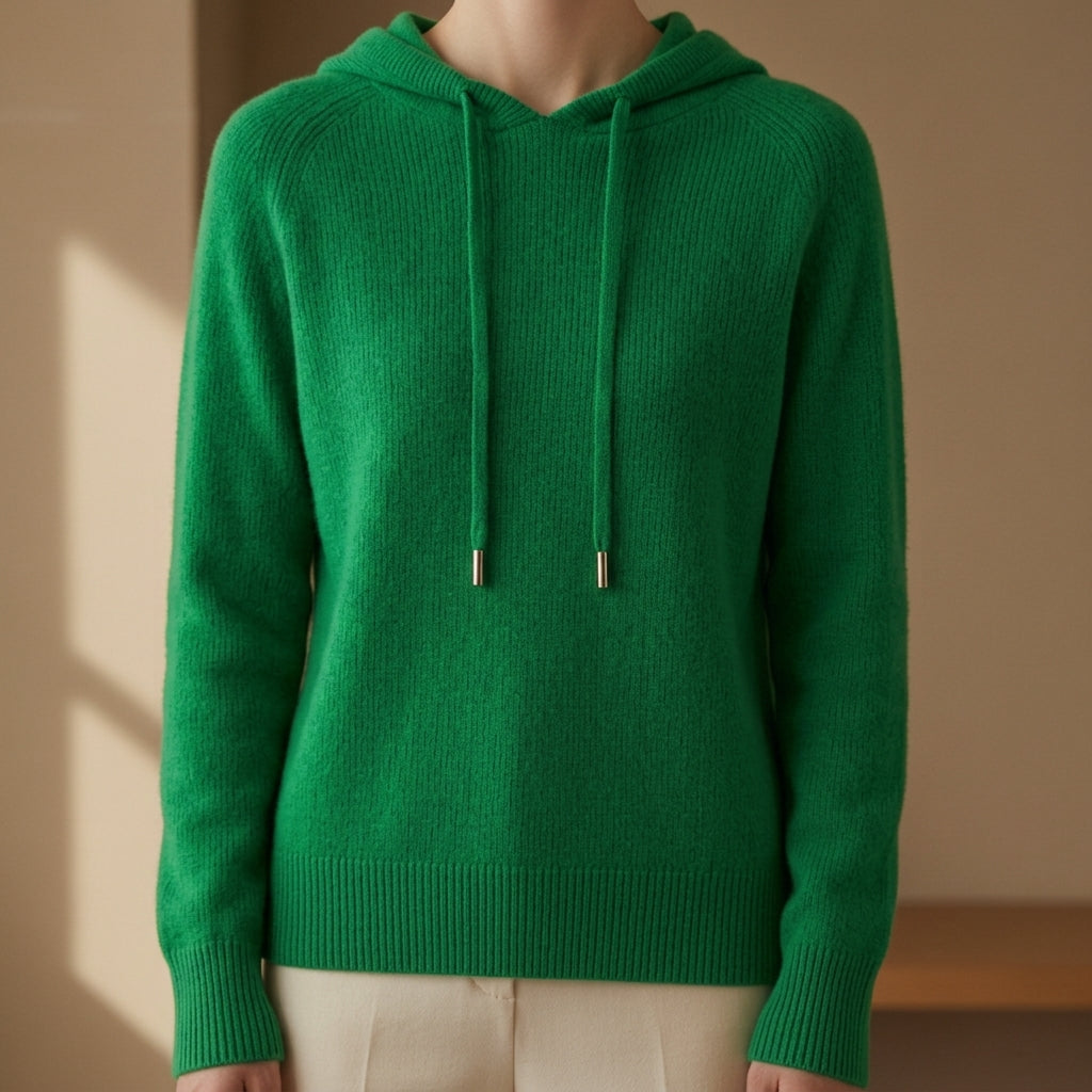 Women's knitted hooded sweater in emerald green, drawstring hood, ribbed cuffs and hem